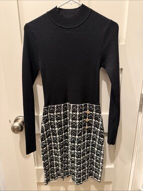Black Knit Top with Black-and-White Tweed Skirt Dress